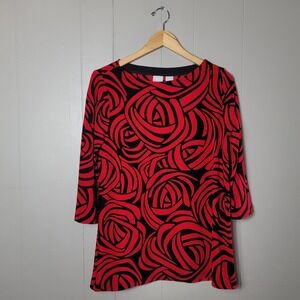 CHICO'S TRAVELERS BOLD RED BLACK ROSE PATTERN LIQUID TUNIC SIZE 1 US 8/10